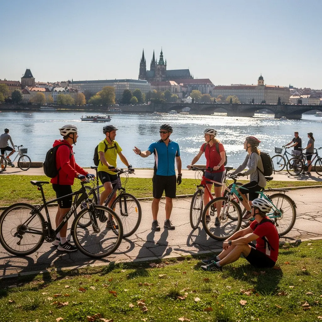 Skupina turistů obdivující architekturu Karlova mostu během prohlídky.